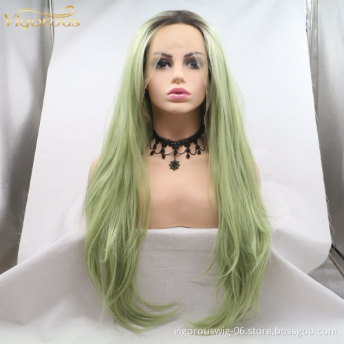 Women's Ombre Green Color 13x3 Lace Front Wigs Long Natural Straight Black To Green Synthetic Wig With Middle Part Ladies Wigs